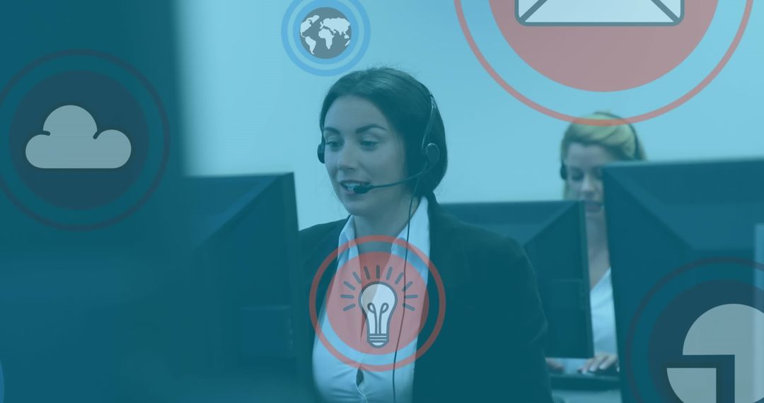 Customer Service Representative Engaging in Call with Tech Icons