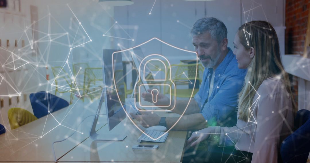 Professionals Collaborating on Cybersecurity Data with Technology Overlay