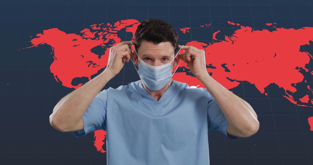 Health Worker Wearing Mask with Global Health Awareness Map
