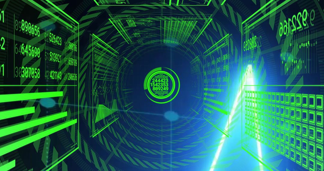 Neon Data Tunnel with Futuristic Cyber Panels