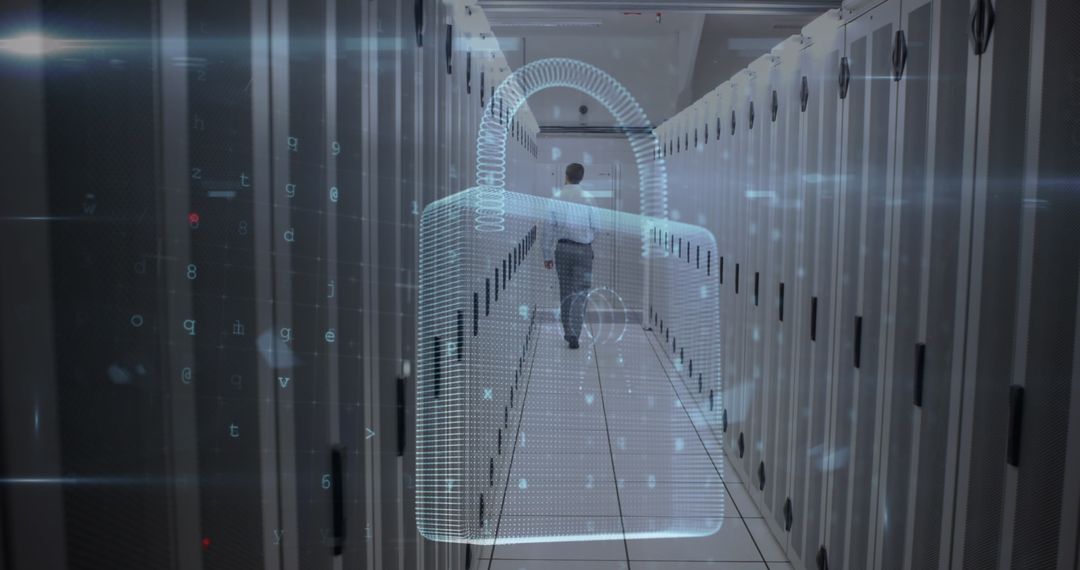 Cybersecurity Concept with Holographic Padlock in Data Center