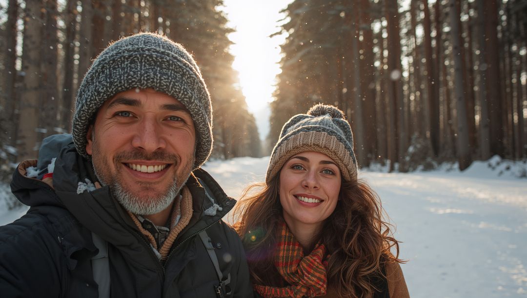 Smiling couple posing on snowy evergreen trail during backlit winter hike