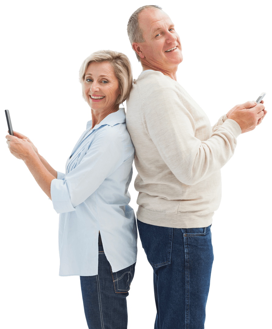 Transparent Happy Mature Couple Using Smartphones Back to Back