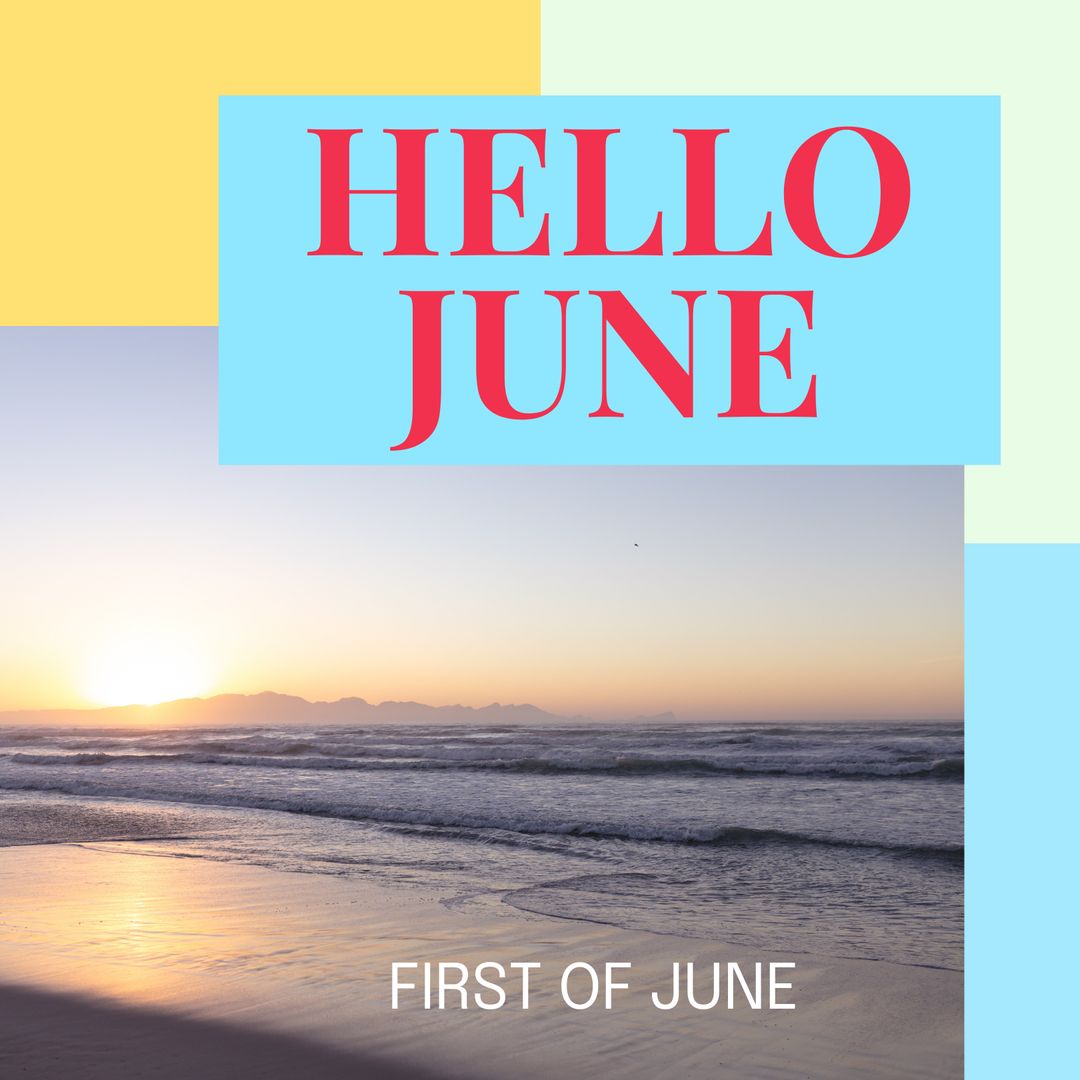 Hello June Typography on Serene Beach Landscape