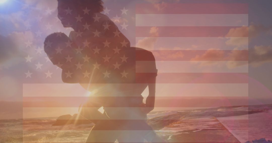 Couple Celebrating on Beach with American Flag Overlay