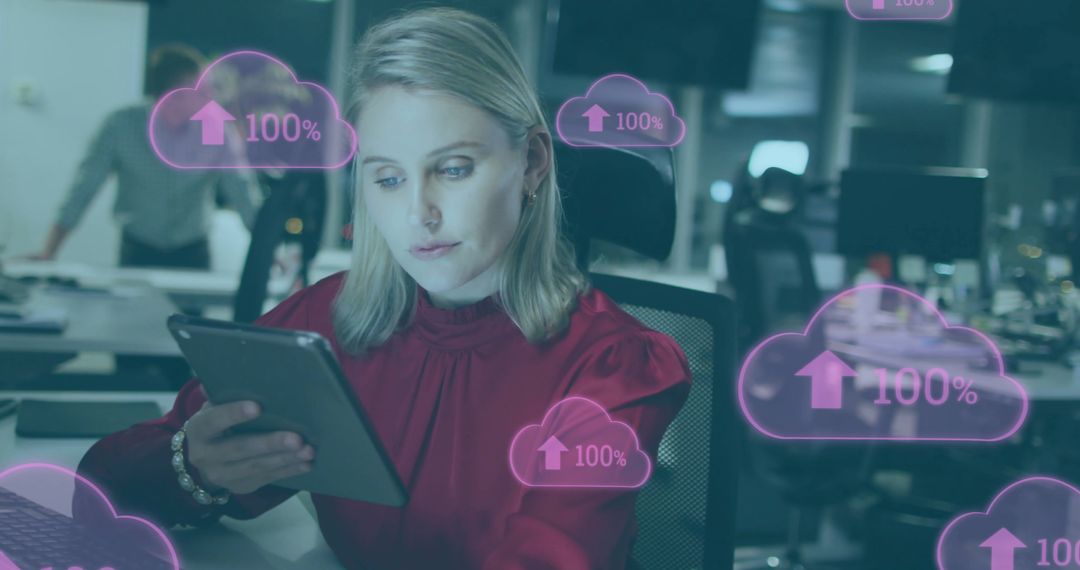 Businesswoman Managing Data Cloud Upload on Tablet