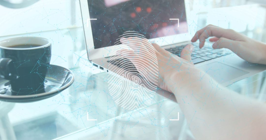 Woman Using Laptop for Secure Fingerprint Scanning Technology