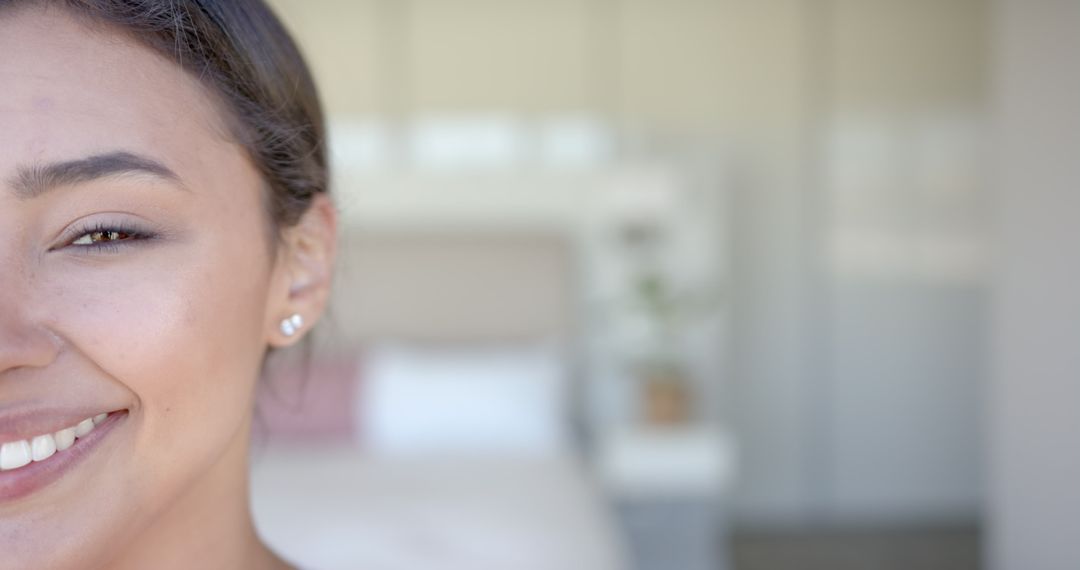 Close-up Portrait of Smiling Woman, Half Face Focus