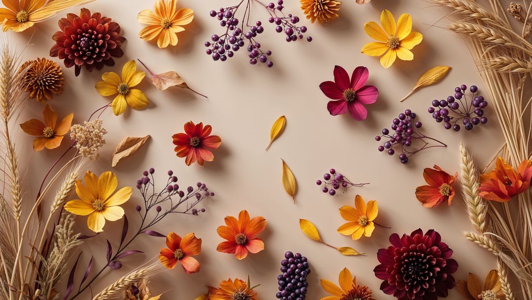 Autumn Botanical Flat Lay with Flowers and Berries
