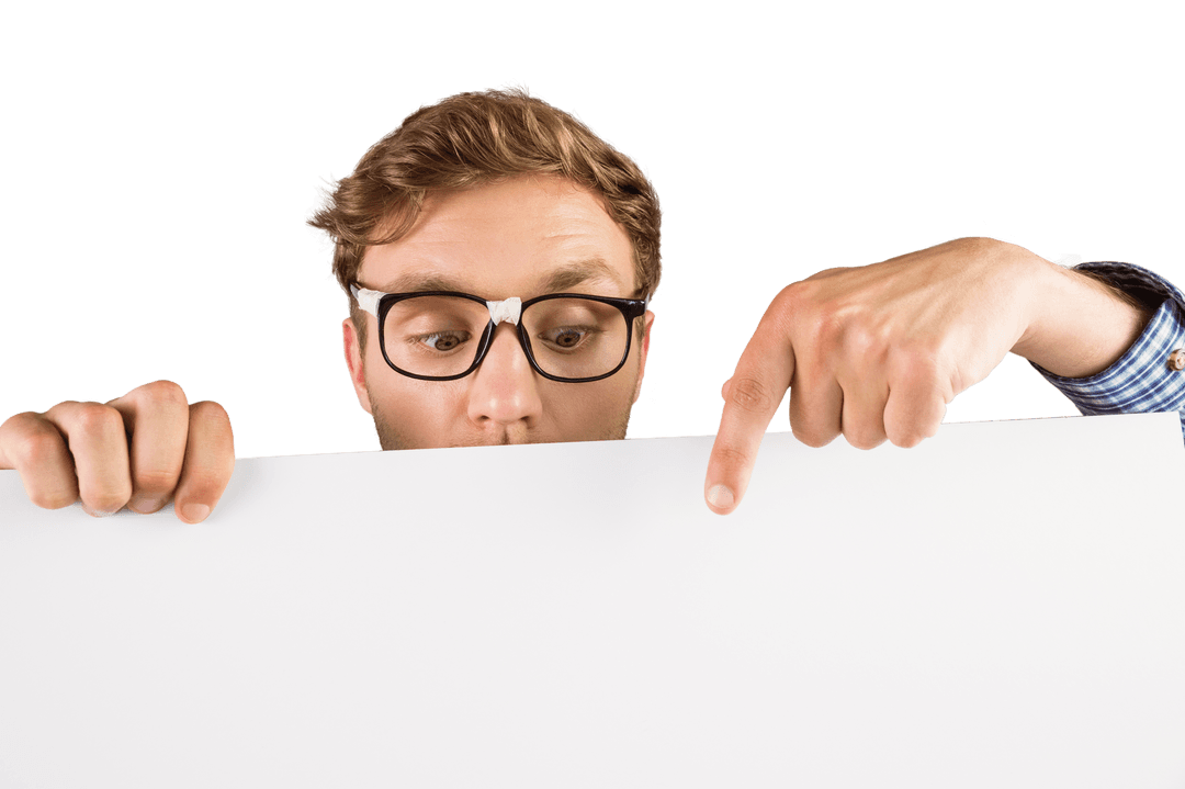 Nerdy Man Pointing Down in Transparent Scene