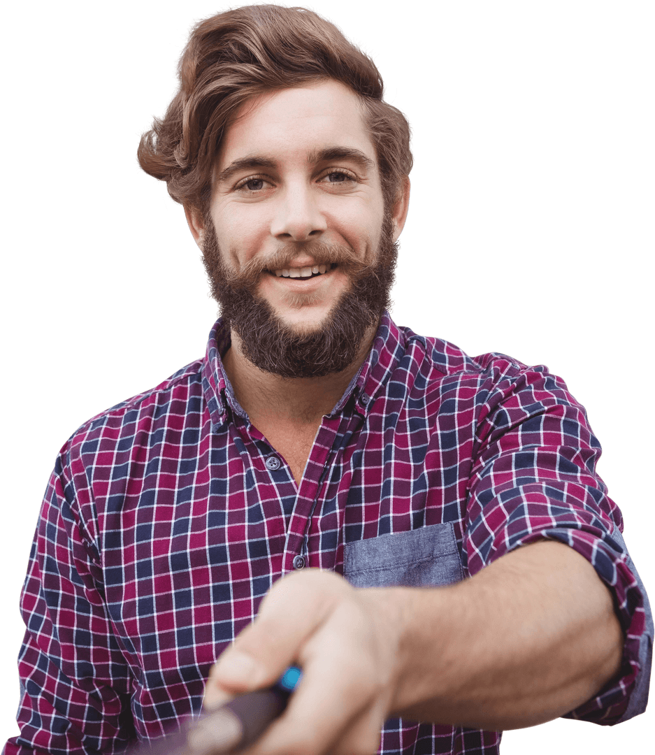 Bearded Hipster Smiling with Selfie Stick on Transparent Background