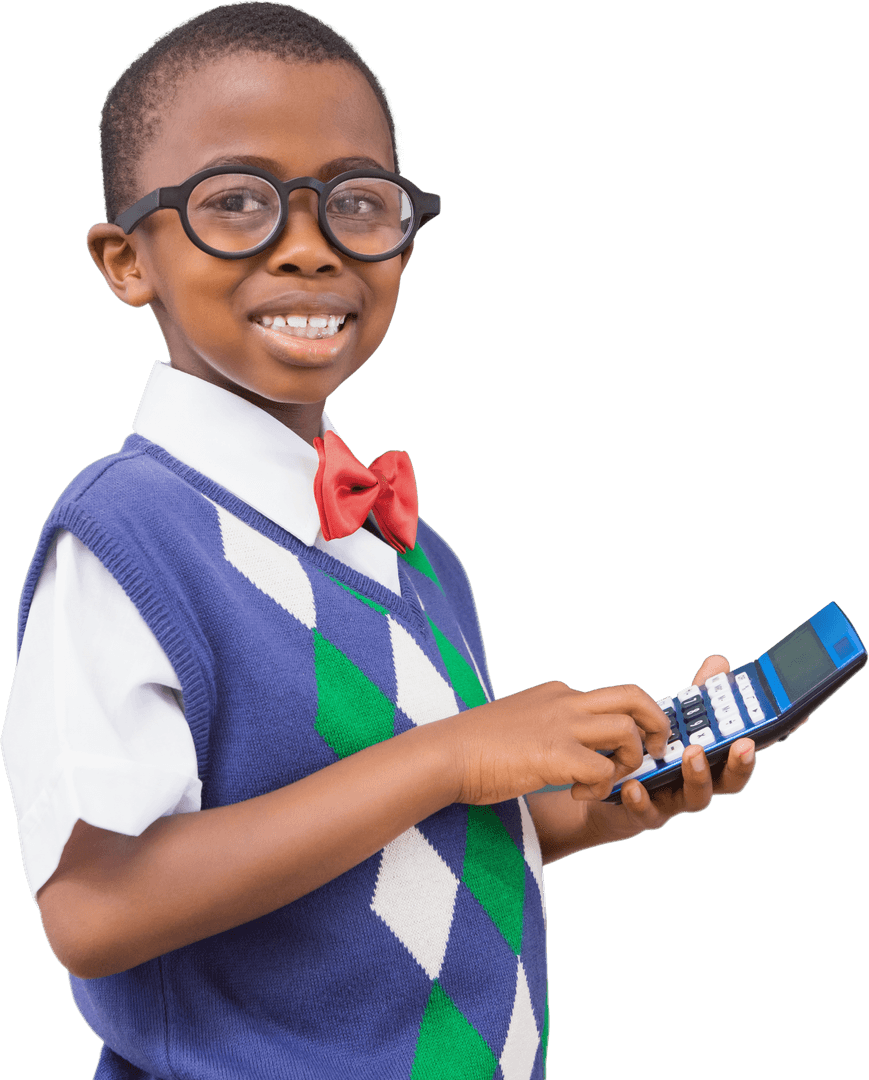 Happy African American Boy Using Calculator on Transparent Background