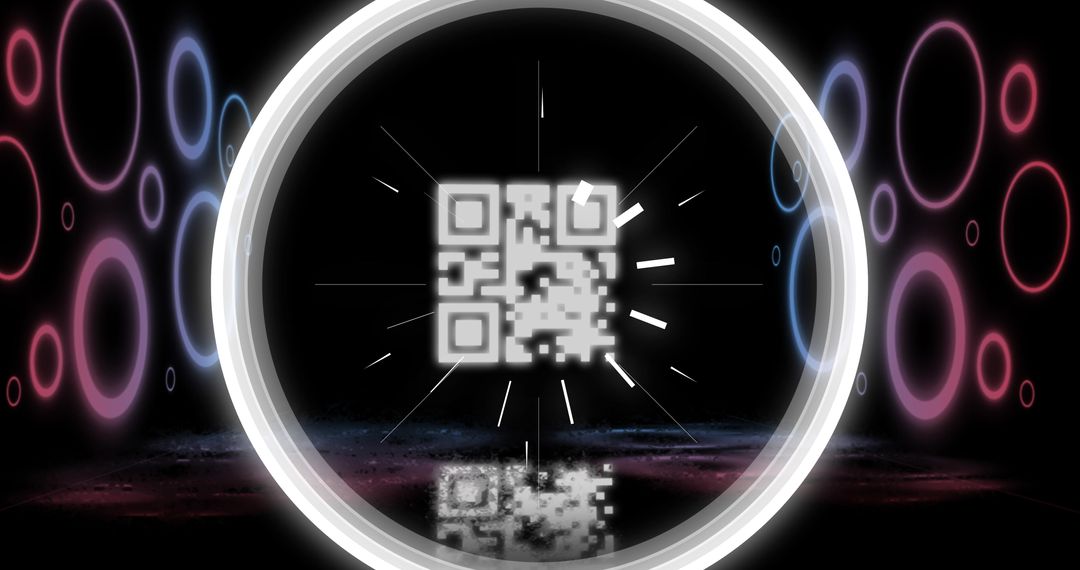 Glowing QR Code with Neon Circles for Technology Concept