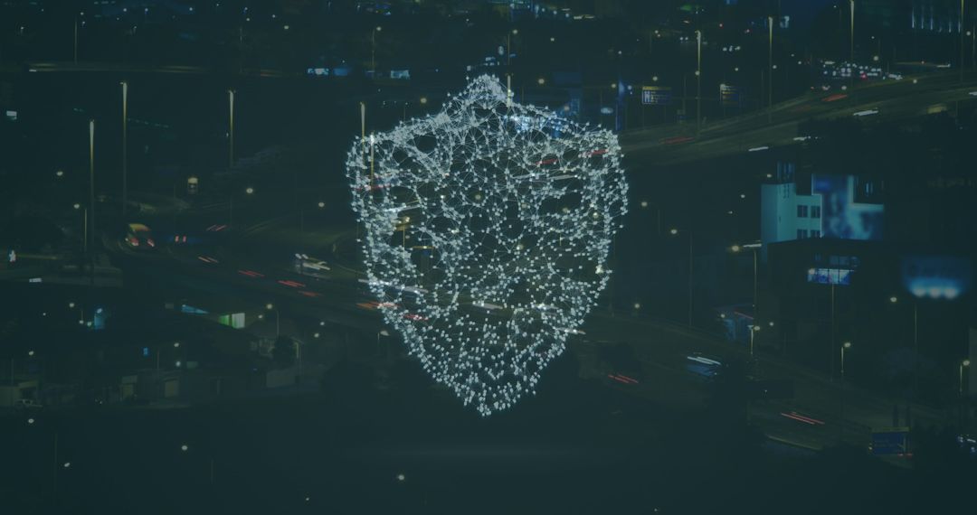 Digital Shield Over Cityscape Representing Cybersecurity