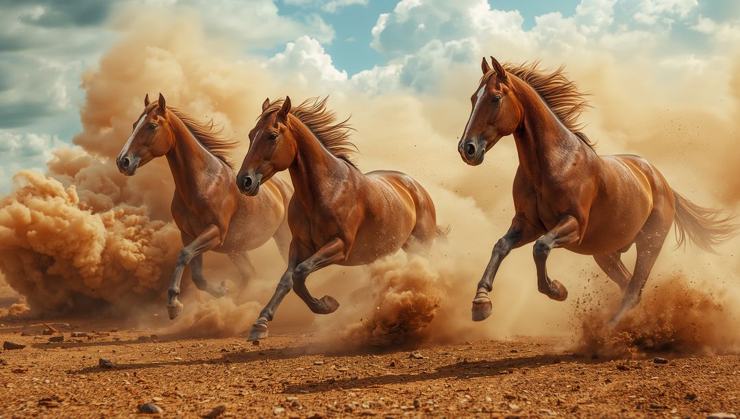 Dynamic trio of mesmerizing mustangs under vast sky