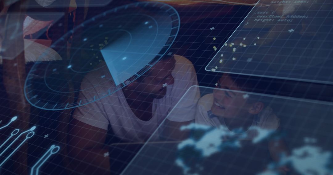 Father with Son Engaging with Futuristic Holographic Technology