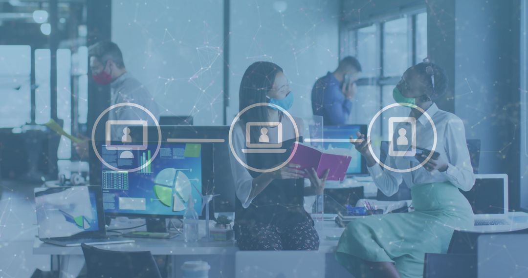 Diverse Business Team Collaborating with Tech Overlay Post-Pandemic