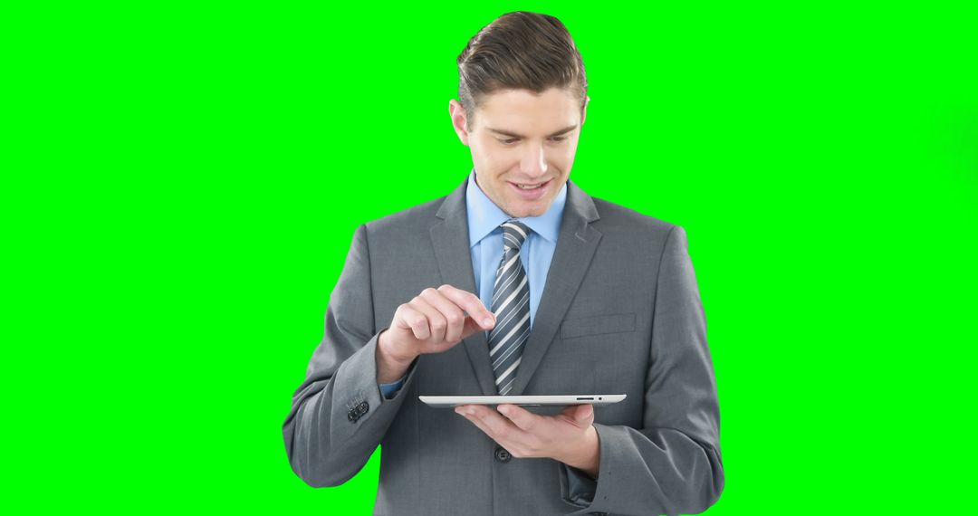 Businessman Wearing Suit Using Digital Tablet with Green Background - Free Images, Stock Photos and Pictures on Pikwizard.com