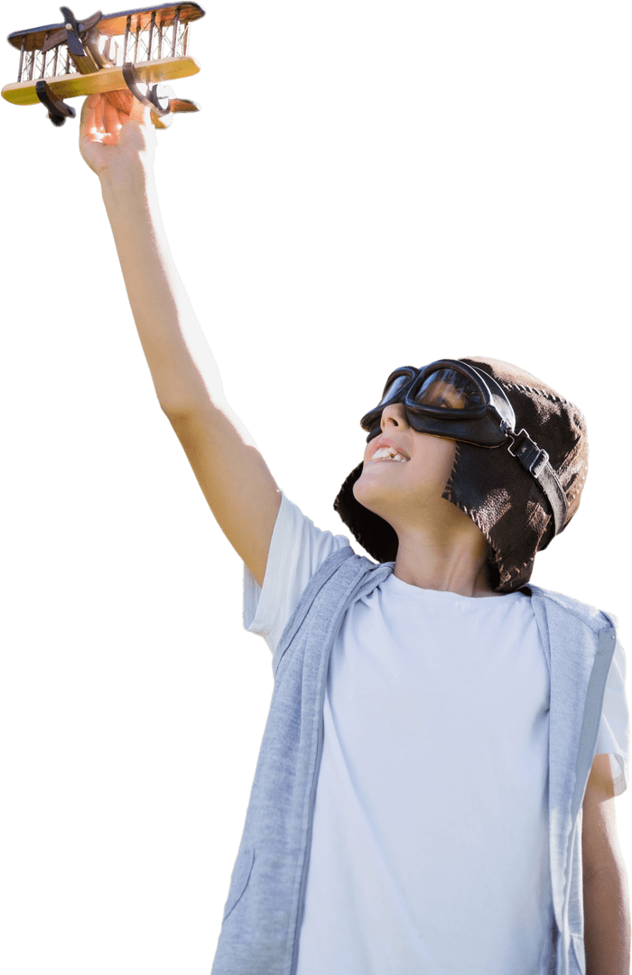 Joyful Boy Playing with Toy Airplane on Transparent Background