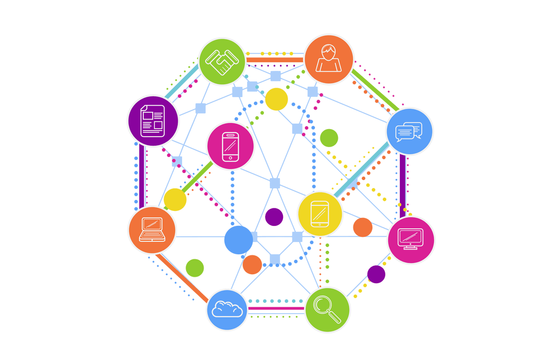 Transparent Digital Network of Colorful Symbols on Black