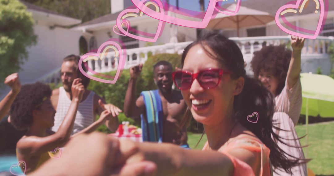 Joyful Gathering by Backyard Pool with Floating Pink Hearts