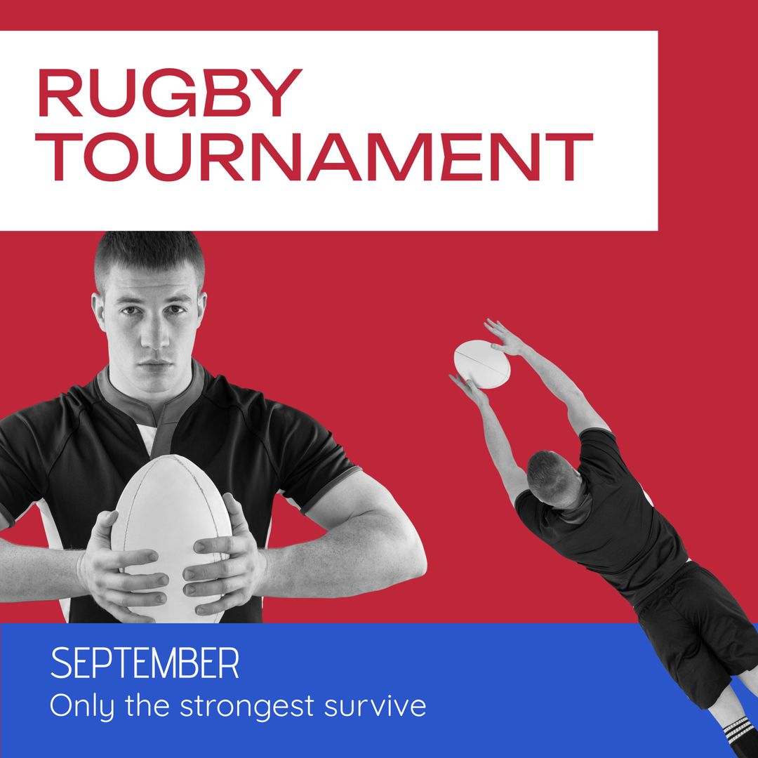 Rugby Tournament Promotion with Male Players Holding and Catching Ball - Download Free Stock Templates Pikwizard.com