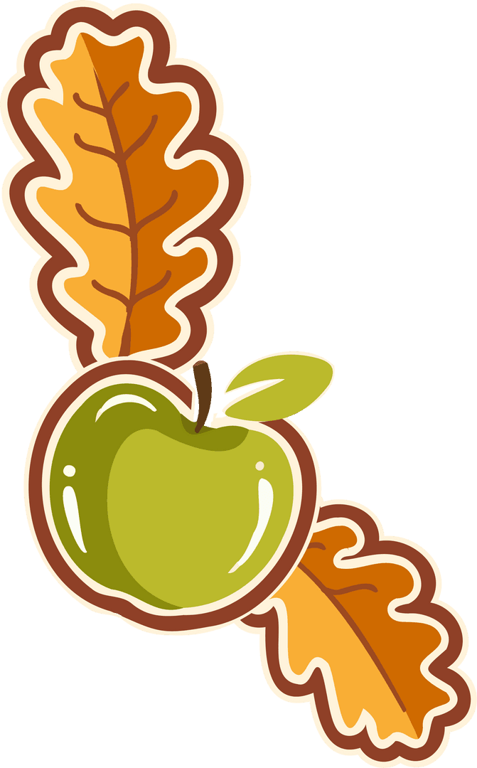 Transparent Green Apple and Leaf Illustration in Sticker Style