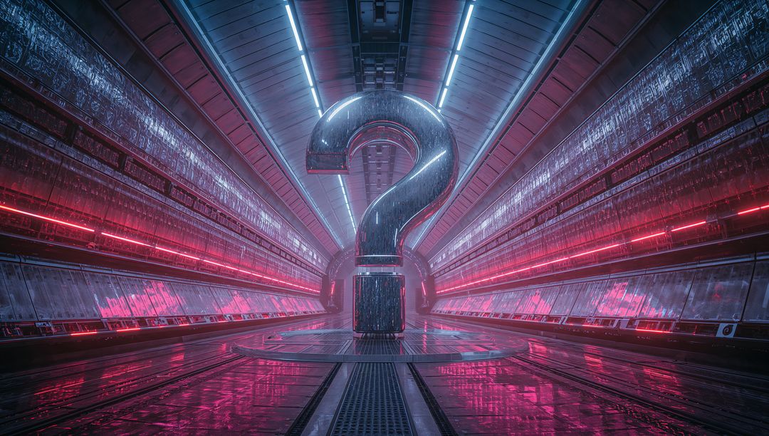 Futuristic Neon Question Mark in High-Tech Corridor