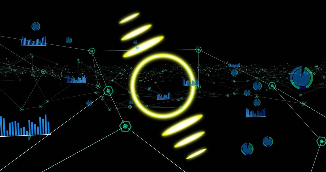 Neon Circle with Digital Interface Elements on Black Background