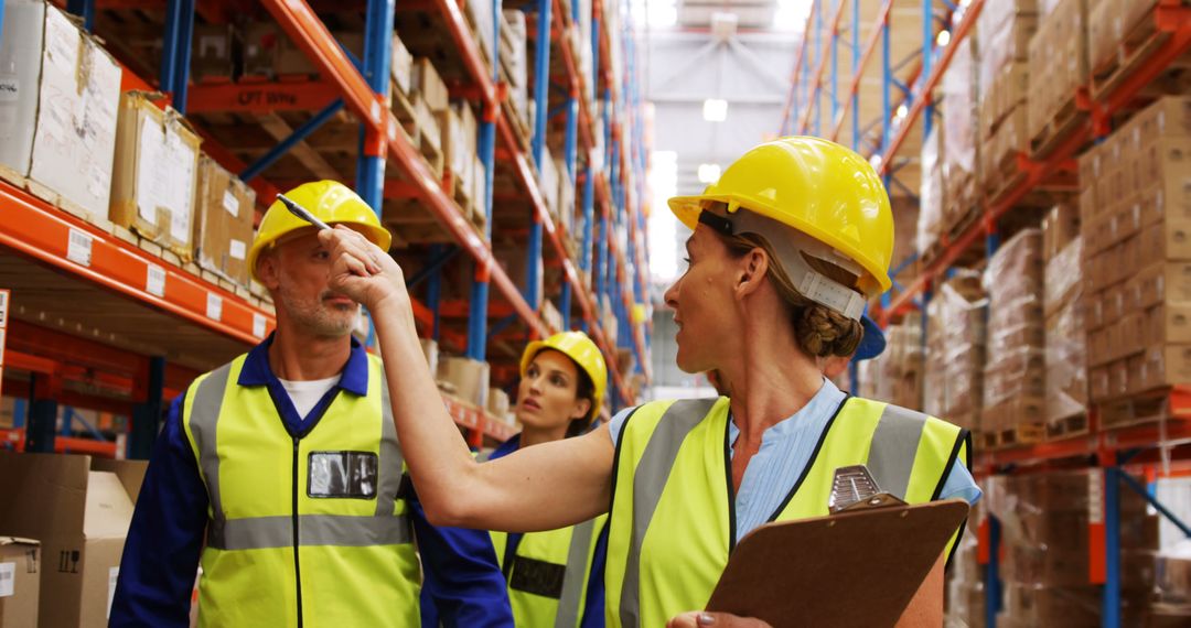 Warehouse Workers Discussing Logistics in Storage Facility - Free Images, Stock Photos and Pictures on Pikwizard.com