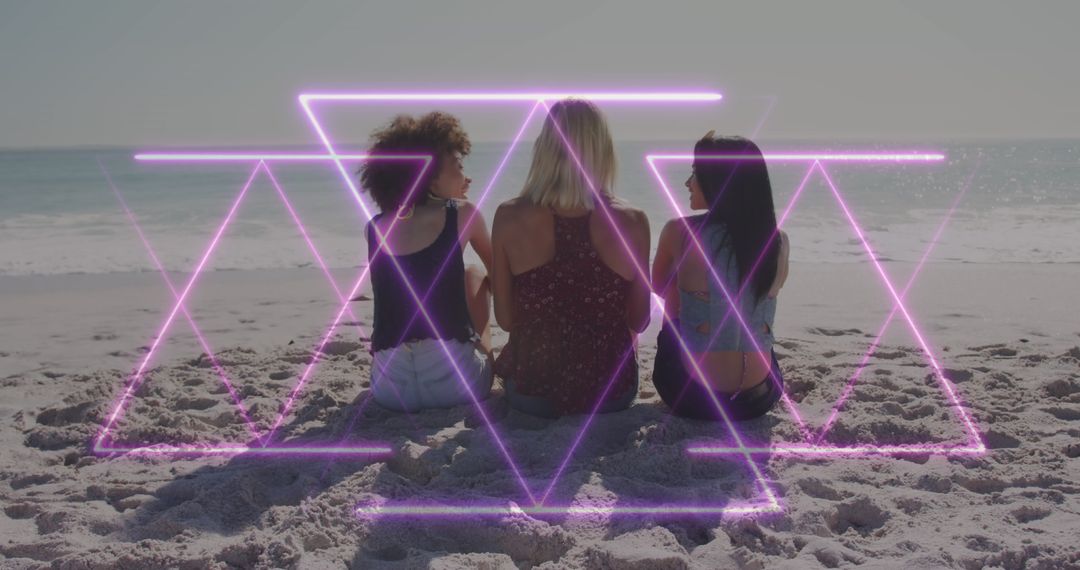 Tranquil Beach with Neon Geometric Overlay and Friends