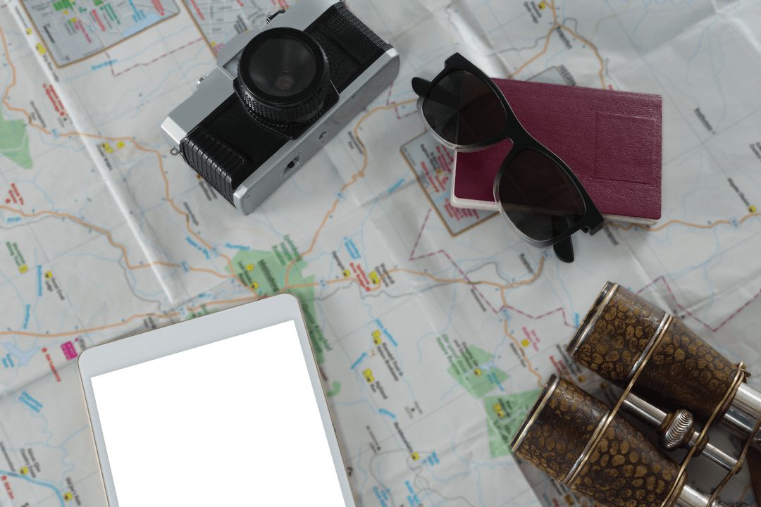 Transparent Travel Essentials on Map Background