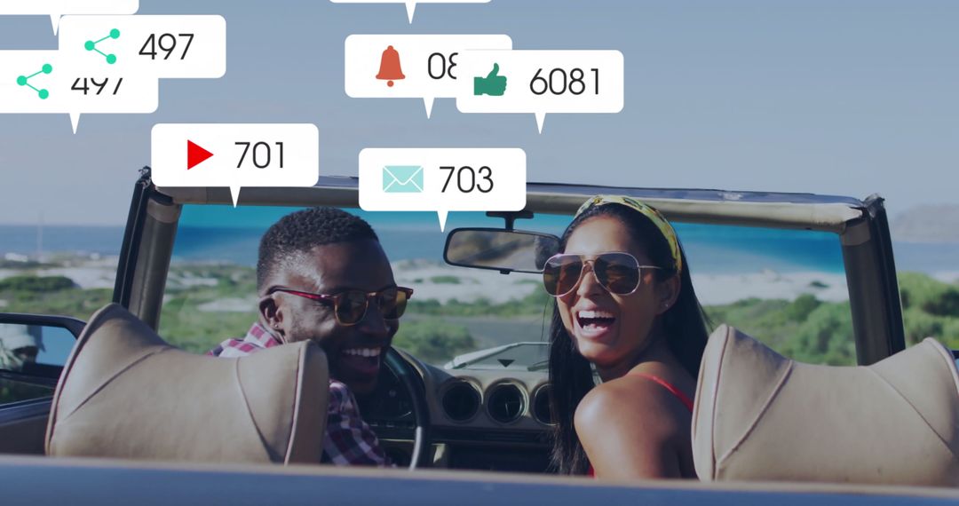 Cheerful Couple Experiencing Adventure on Coast with Social Media Connection