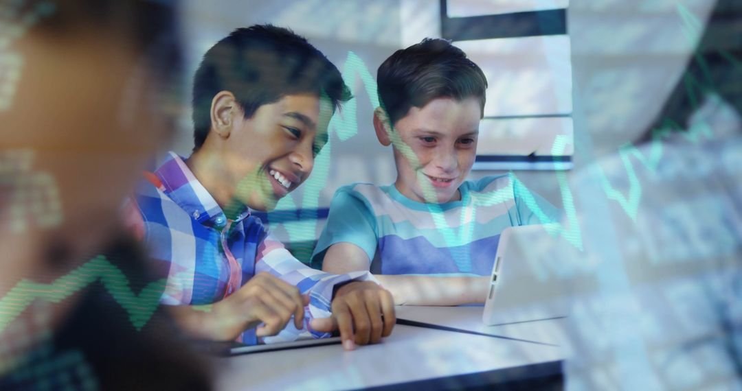Young Students Using Tablet with Financial Data Overlay in Classroom