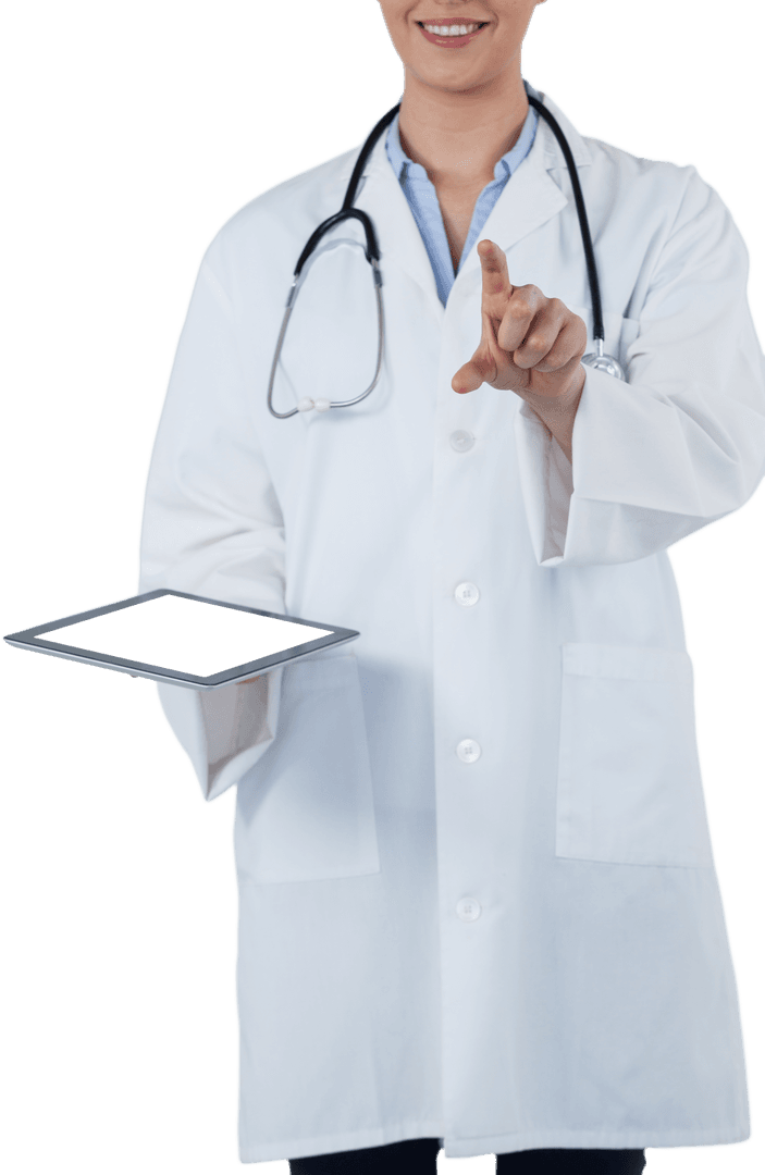 Female Doctor Using Digital Screen with Tablet and Transparent Background