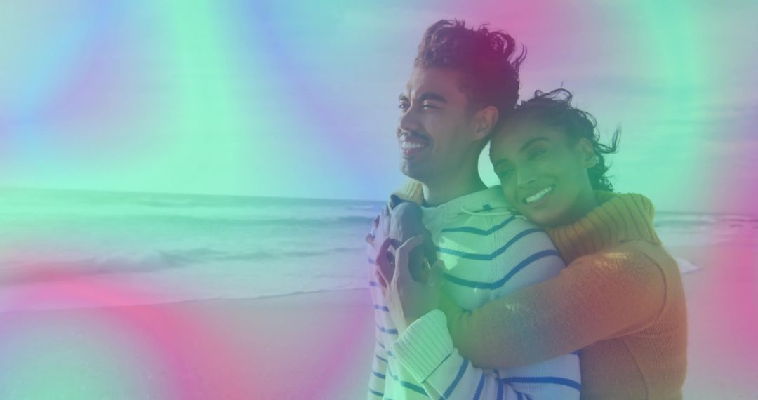 Loving Couple Embracing on Scenic Beach with Colorful Aura