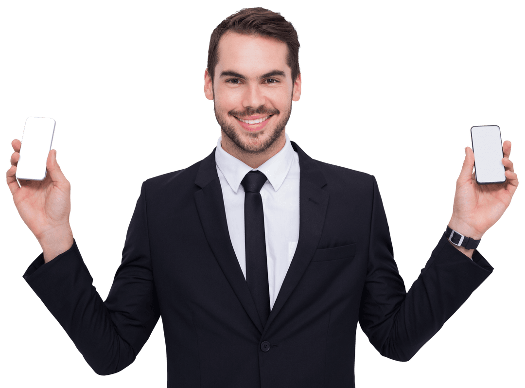 Transparent Smiling Businessman Holding Two Smartphones