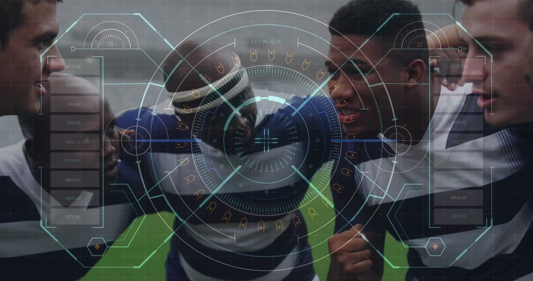 Rugby Players in Huddle with Digital Interface Overlay