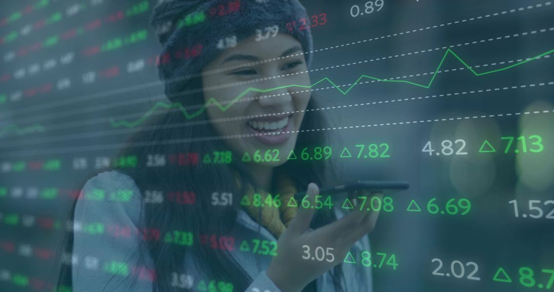 Smiling Young Woman Using Smartphone with Stock Market Overlay