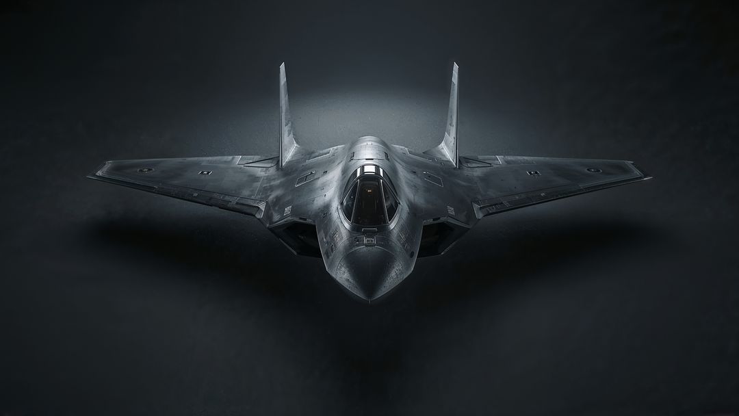 Stealth Fighter Jet Hovering Display in Futuristic Studio