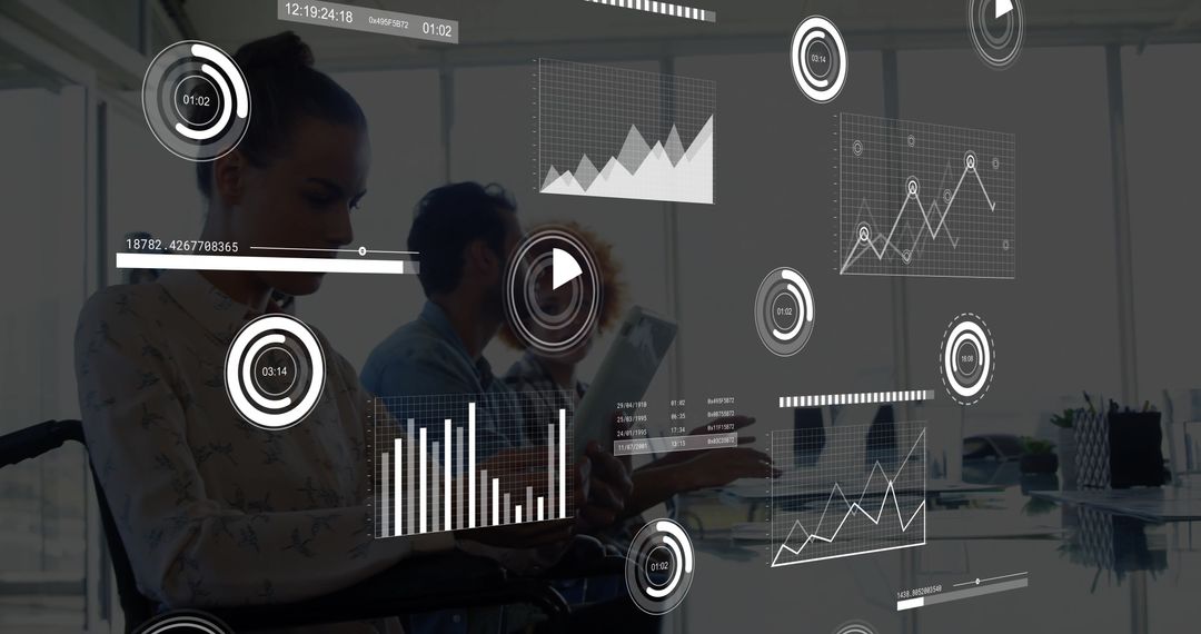 Business Professionals Discussing Data with Holographic Charts in Modern Office