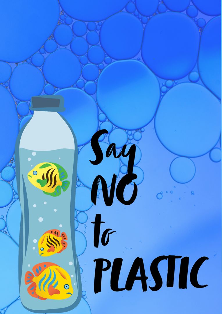 Say No to Plastic Message with Colorful Fish in Bottle on Blue Background - Download Free Stock Templates Pikwizard.com