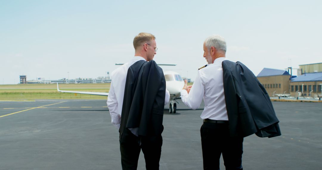Caucasian Pilots Conversing on Tarmac Before Flight