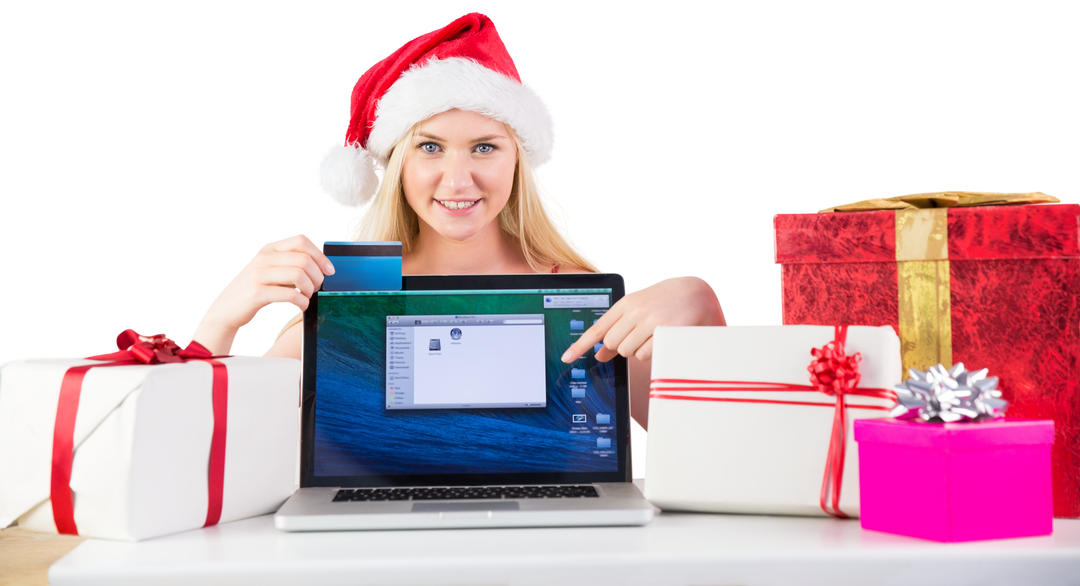 Festive Woman Shopping Online with Laptop and Credit Card Displaying Christmas Gifts Transparent Bac - Download Free Stock Images Pikwizard.com