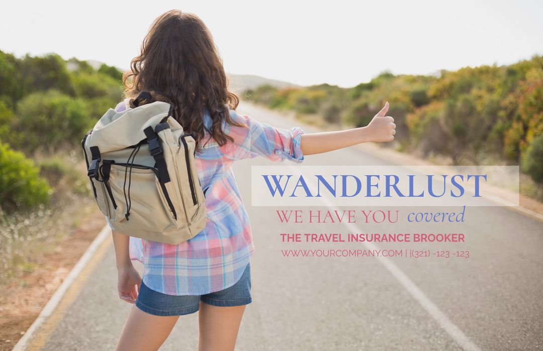 Happy Young Traveler Hitchhiking with Travel Backpack on Open Road