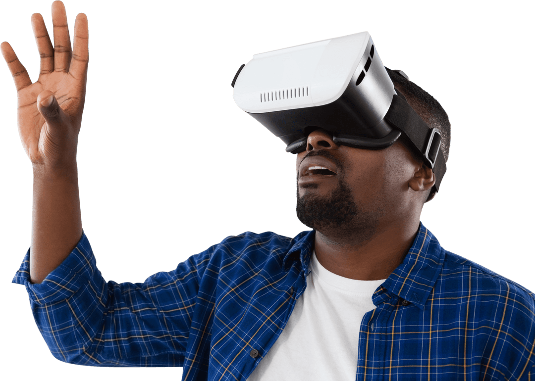 African American Man Interacting with Transparent Virtual Reality