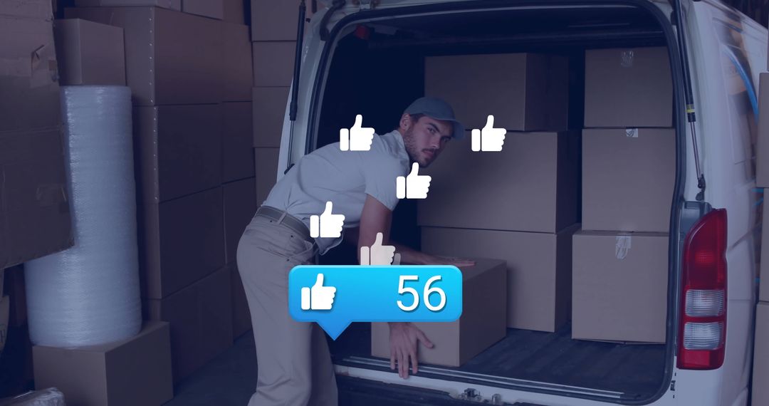 Logistics Parcel Sorting with Social Engagement Icons