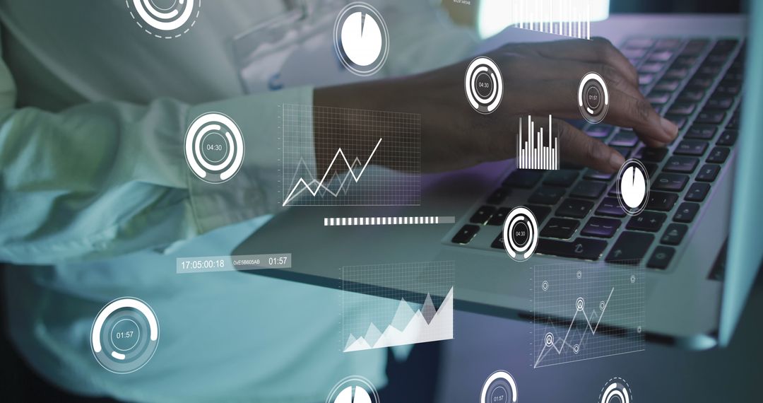 IT Engineer Analyzing Virtual Data Interfaces on Laptop