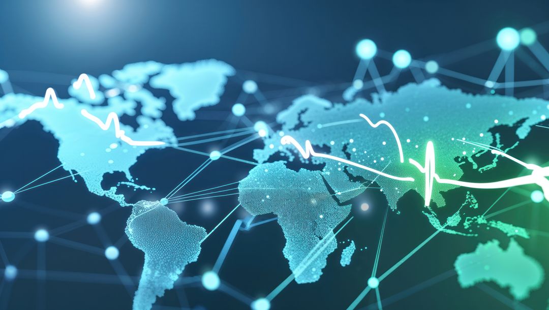 Futuristic Digital World Map with Network and Waveform Overlay