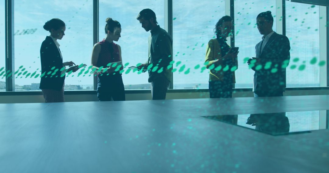 Diverse Team Collaborating with Digital Interface Elements